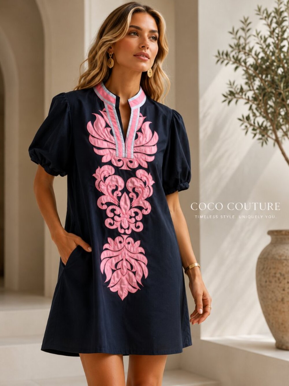 TAS95270 Navy Shift Dress with Pink Applique Dress
